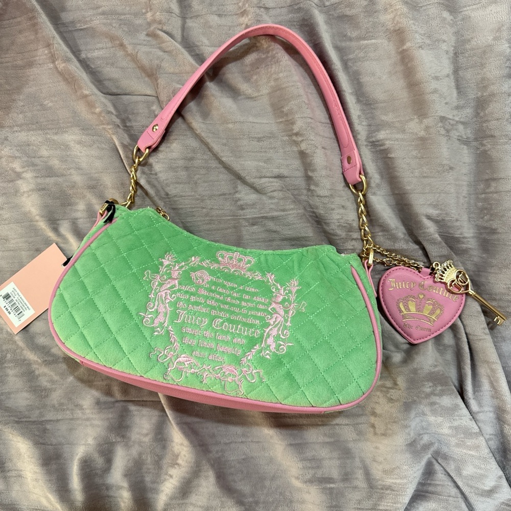 Juicy Couture Y2K Retro Green Velour Shoulder Bag and Heart Charm NWT